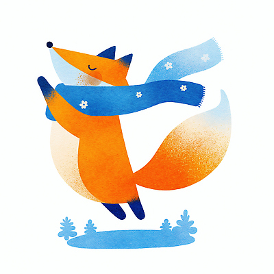 JPG 동물 행복 컬러 겨울 일러스트 자연 날씨 털 따뜻함 미소 풍경 파란색 귀여움 주황색 스카프 춤 즐거움 여우 교감 국내일러스트 AI일러스트 AI콘텐츠 계절 감정 컨셉 포유류 문화예술 표정 목도리 생태계 파일형식