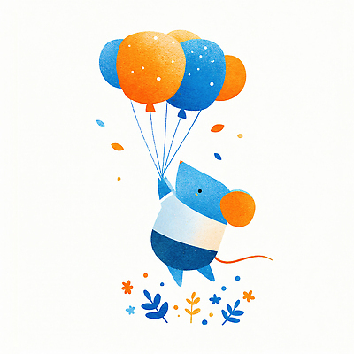 JPG 동물 캐릭터 꽃 행복 날개 일러스트 하늘 웃음 파란색 귀여움 축제 주황색 쥐 즐거움 그림 풍선 애니메이션 놀기 상상력 일러캐릭터 AI일러스트 AI콘텐츠 식물 감정 컬러 컨셉 모션 표정 설치류 파일형식