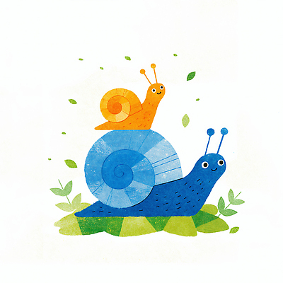 JPG 모양 식물 동물 캐릭터 디자인 여유 컬러 두마리 일러스트 자연 나뭇잎 웃음 잔디 평화 귀여움 풀 달팽이 애니메이션 색감 일러캐릭터 AI일러스트 AI콘텐츠 감정 컨셉 잎 2 연체동물 표정 생태계 파일형식