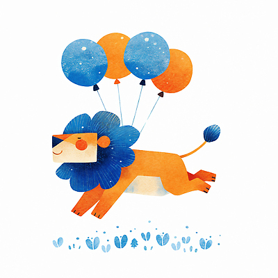 JPG 동물 캐릭터 컬러 일러스트 놀이 하늘 풍경 귀여움 사자 만화 즐거움 그림 이미지 풍선 상상력 일러캐릭터 AI일러스트 AI콘텐츠 감정 컨셉 포유류 파일형식