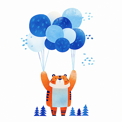 JPG 나무 동물 캐릭터 디자인 행복 컬러 일러스트 상상 놀이 파란색 귀여움 축제 기쁨 호랑이 만화 그림 풍선 생동감 아기자기 일러캐릭터 AI일러스트 AI콘텐츠 식물 감정 컨셉 포유류 파일형식