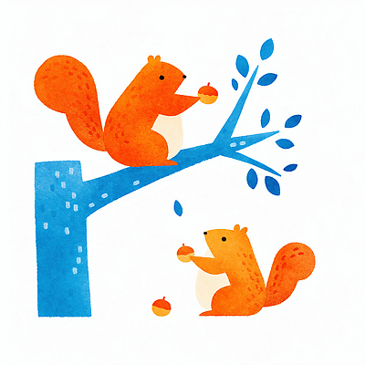 JPG 나무 동물 컬러 포즈 일러스트 모션 자연 놀이 귀여움 탐험 숲 즐거움 친환경 생태계 다람쥐 도토리 애니메이션 국내일러스트 AI일러스트 AI콘텐츠 식물 감정 컨셉 환경 견과류 설치류 파일형식