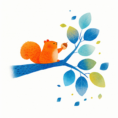 JPG 나무 동물 잎 일러스트 자연 동화 풍경 일상 여름 귀여움 나뭇가지 숲 만화 즐거움 생태계 다람쥐 도토리 애니메이션 밝은색 색감 국내일러스트 AI일러스트 AI콘텐츠 식물 계절 감정 컨셉 라이프 견과류 설치류 파일형식