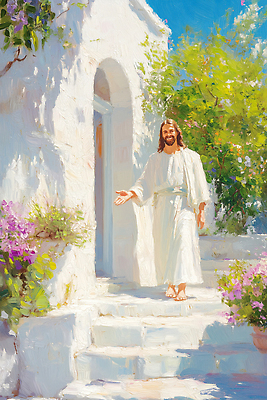 JPG 꽃 종교 문화 예술 일러스트 자연 주택 미소 사람 햇빛 평화 걷기 정원 성경 예수 과거 이미지 화사함 뷰티풀 국내일러스트 AI일러스트 AI콘텐츠 식물 컨셉 종교용품 모션 표정 건물 태양 신_종교 생태계 파일형식