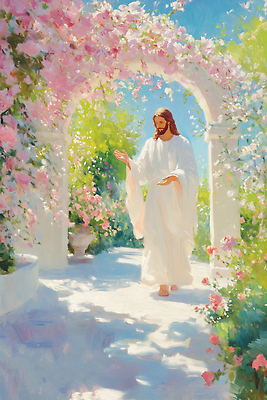 JPG 꽃 종교 여유 컬러 일러스트 자연 생명 평화 정원 산책 기쁨 예수 아치 화사함 신성 조화 뷰티풀 전경 국내일러스트 AI일러스트 AI콘텐츠 식물 감정 컨셉 휴식 풍경 신_종교 생태계 파일형식 탑뷰