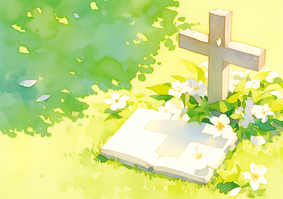 JPG 나무 꽃 종교 십자가 일러스트 자연 여름 햇빛 평화 정원 성경 고요 기도 신성 조화 뷰티풀 국내일러스트 AI일러스트 AI콘텐츠 식물 계절 컨셉 종교용품 태양 생태계 파일형식