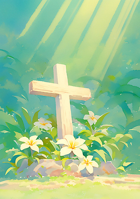 JPG 나무 식물 꽃 종교 십자가 일러스트 자연 기념 풍경 초록색 여름 빛 햇빛 평화 정원 숲 조용 뷰티풀 국내일러스트 AI일러스트 AI콘텐츠 계절 컬러 컨셉 태양 생태계 파일형식