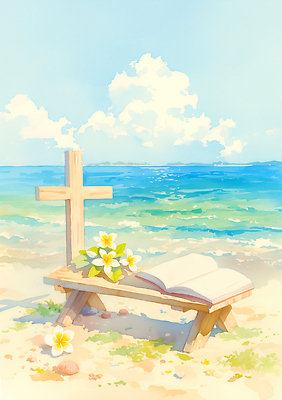 JPG 꽃 기독교 종교 십자가 일러스트 자연 하늘 휴식 풍경 해변 라이프 평화 꽃병 고요 포근함 흰구름 뷰티풀 국내일러스트 AI일러스트 AI콘텐츠 식물 바다 컨셉 생활 감각 생태계 파일형식 구름_자연