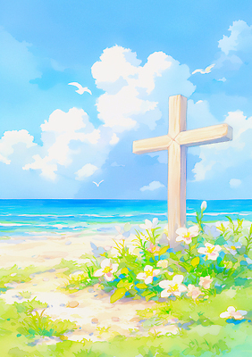 JPG 나무 구름 꽃 종교 여유 바다 십자가 일러스트 자연 하늘 생명 풍경 해변 여름 파란색 평화 공간 조화 뷰티풀 국내일러스트 AI일러스트 AI콘텐츠 자연요소 식물 계절 감정 컬러 컨셉 생태계 파일형식