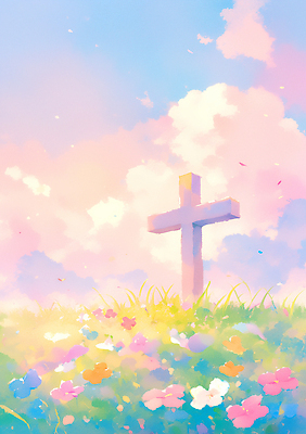 JPG 구름 꽃 기독교 종교 예술 컬러 십자가 일러스트 자연 하늘 생명 풍경 초원 일상 햇빛 평화 고요 봄 감성 조화 뷰티풀 국내일러스트 AI일러스트 AI콘텐츠 자연요소 식물 계절 컨셉 라이프 태양 생태계 파일형식