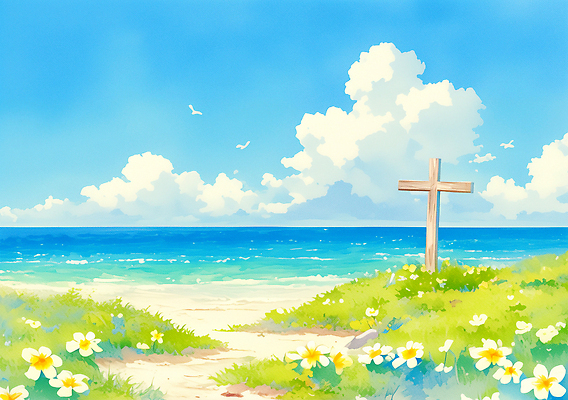 JPG 구름 꽃 파도 바다 십자가 꽃밭 일러스트 자연 휴식 풍경 초원 해변 여름 파란색 햇빛 평화 고요 들꽃 뷰티풀 국내일러스트 AI일러스트 AI콘텐츠 자연요소 식물 계절 컬러 컨셉 태양 생태계 파일형식