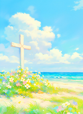 JPG 꽃 행복 감정 종교 바다 컬러 십자가 일러스트 자연 하늘 풍경 해변 일상 여름 제주도 평화 환경 뷰티풀 청명 차분 국내일러스트 AI일러스트 AI콘텐츠 식물 계절 컨셉 한국 라이프 생태계 파일형식