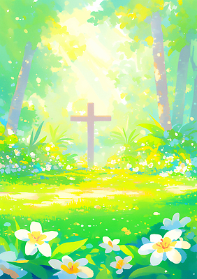 JPG 식물 꽃 기독교 길 십자가 일러스트 자연 풍경 초록색 여름 빛 평화 숲 땅 명상 조용 녹지 뷰티풀 국내일러스트 AI일러스트 AI콘텐츠 계절 종교 컬러 컨셉 생태계 파일형식