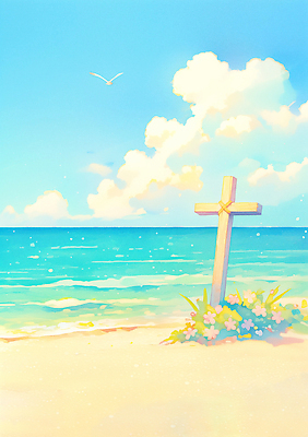 JPG 구름 꽃 바다 십자가 일러스트 자연 하늘 풍경 해변 일상 여름 파란색 평화 의식 감성 뷰티풀 차분 국내일러스트 AI일러스트 AI콘텐츠 자연요소 식물 계절 컬러 컨셉 라이프 생태계 파일형식