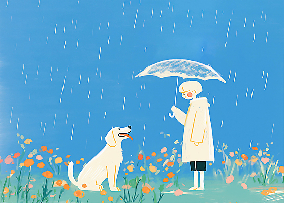 JPG 행복 어린이 꽃밭 일러스트 우산 자연 사랑 풍경 소년 반려동물 강아지 만화 국내일러스트 AI일러스트 AI콘텐츠 동물 남자 꽃 감정 사람 개 생태계 파일형식