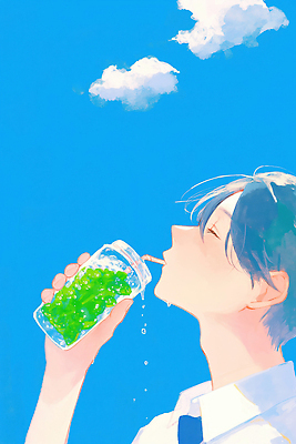 JPG 구름 감정 음료 일러스트 자연 하늘 초록색 여름 평화 자유 더위 시원함 즐거움 상쾌 일과 국내일러스트 AI일러스트 AI콘텐츠 자연요소 계절 컬러 컨셉 날씨 생태계 파일형식