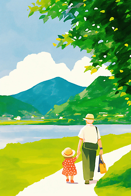 JPG 구름 행복 어린이 여행 일러스트 가족 자연 하늘 산 풍경 성인 초록색 여름 평화 손잡기 산책 추억 강가 즐거움 멀리 국내일러스트 AI일러스트 AI콘텐츠 자연요소 계절 감정 컬러 컨셉 관계 모션 휴식 사람 강 생태계 파일형식