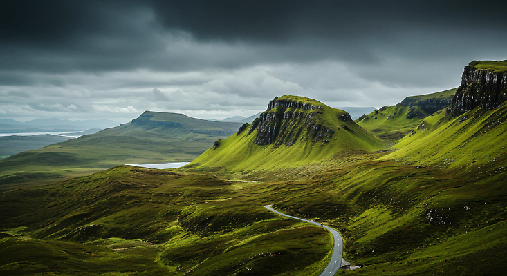 JPG 구름 편집이미지 도로 여행 자연 하늘 풍경 초록색 탐험 암석 시골 언덕 스코틀랜드 편집실사 AI포토 AI콘텐츠 자연요소 길 컬러 교통시설 영국 돌_바위 CG 생태계 파일형식