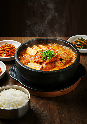 JPG 편집이미지 한식 재료 밥 반찬 김치 한국 요리 식사 뜨거움 맛 두부 돌솥 대파 김치찌개 편집실사 AI포토 AI콘텐츠 아시아 음식 컨셉 찌개 CG 파 파일형식