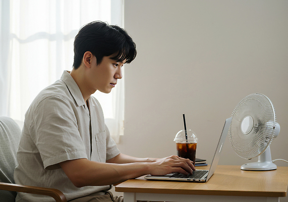 JPG 편집이미지 남자 커피 주택 실내 상반신 일상 여름 노트북 스마트폰 사무실 작업 선풍기 편안함 집중 냉음료 의료성형뷰티 편집실사 AI인물포토 AI콘텐츠 계절 음료 컨셉 비즈니스 사람 내부 건물 라이프 전자제품 핸드폰 스마트기기 가전제품 감각 CG 파일형식 AI포토