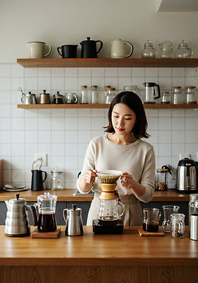 JPG 편집이미지 여자 여유 커피 음료 가정 요리 주방 집중 모던 주말 커피용품 의료성형뷰티 편집실사 AI인물포토 AI콘텐츠 감정 컨셉 사람 CG 오브젝트 파일형식 AI포토