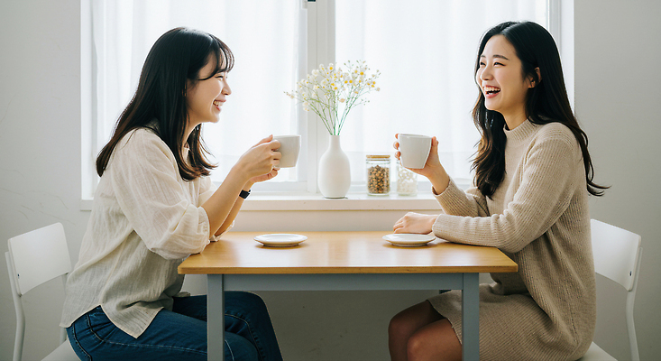 JPG 편집이미지 행복 여유 음료 아침 휴식 대화 웃음 친구 카페 만남 편안함 동료 즐거움 교류 의료성형뷰티 편집실사 AI인물포토 AI콘텐츠 주간 감정 컨셉 관계 표정 말하기 상점 감각 CG 파일형식 AI포토
