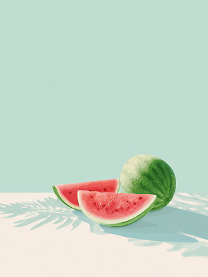 JPG 음료 컬러 조각 백그라운드 과일 일러스트 자연 디저트 수박 여름 햇빛 신선 시원함 오브젝트 그림 부드러움 과일조각 민트색 국내일러스트 AI일러스트 AI콘텐츠 계절 음식 태양 감각 생태계 파일형식