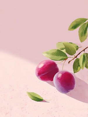 JPG 식물 디자인 분홍색 백그라운드 잎 과일 일러스트 자연 건강 그래픽 여름 신선 맛 질감 조화 자두 뷰티풀 색감 자연물 디지털아트 디테일 국내일러스트 AI일러스트 AI콘텐츠 계절 컬러 컨셉 생태계 파일형식