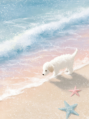 JPG 모래 파도 바다 일러스트 자연 놀이 휴가 조개 따뜻함 풍경 해변 여름 반려동물 산책 흰색 개 강아지 즐거움 조용 국내일러스트 AI일러스트 AI콘텐츠 동물 계절 감정 컬러 포유류 어패류 휴식 생태계 파일형식