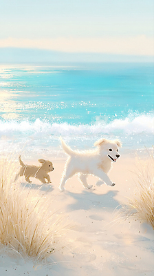 JPG 동물 행복 모래 파도 바다 일러스트 자연 바람 해변 여름 파란색 햇빛 평화 산책 서핑 강아지 편안함 조화 국내일러스트 AI일러스트 AI콘텐츠 자연요소 계절 감정 컬러 컨셉 날씨 휴식 반려동물 태양 수상스포츠 감각 개 생태계 파일형식