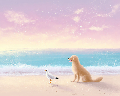 JPG 동물 반려견 여유 파도 바다 일러스트 자연 갈매기 하늘 바람 풍경 해변 반려동물 모래사장 평화 일몰 산책 트래킹 골든리트리버 국내일러스트 AI일러스트 AI콘텐츠 자연요소 감정 컨셉 조류 레저 날씨 휴식 노을 개 리트리버 생태계 파일형식