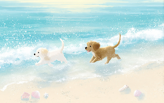 JPG 동물 행복 반려견 모래 파도 바다 일러스트 자연 물놀이 놀이 해변 여름 모래사장 태양 강아지 소라 즐거움 국내일러스트 AI일러스트 AI콘텐츠 자연요소 계절 감정 어패류 반려동물 개 생태계 파일형식