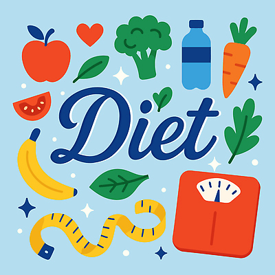 다이어트 채소 과일 일러스트 바나나 건강 물 운동 당근 사과 브로콜리 체중계 식단 식습관 레터링 국내일러스트 AI파일 자연요소 뿌리채소 파일형식 벡터