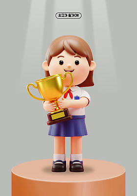 PSD 편집이미지 캐릭터 교복 학교 성공 표정 소녀 동상 3D 기쁨 축하 우승 트로피 애니메이션 대회 상금 우승자 편집3D 옷 여자 교육 감정 어린이 컨셉 조형물 최고 상_우승 디지털합성 기념물 파일형식