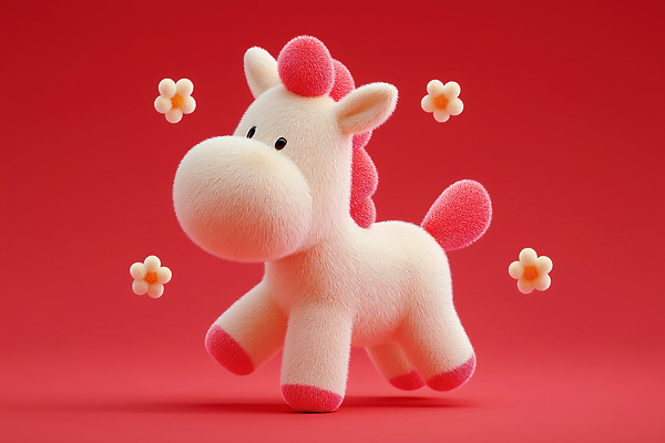 JPG 동물 편집이미지 꽃 인형 분홍색 백그라운드 털 장식 빨간색 인테리어 장난감 귀여움 말_동물 장면 편집3D AI컴퓨터그래픽 AI콘텐츠 식물 디자인 컬러 컨셉 포유류 3D 파일형식