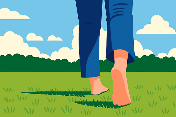 감정 일러스트 모션 맨발 발 자연 하늘 건강 사람 풍경 잔디 야외 일상 라이프 여름 운동 햇빛 평화 걷기 환경 국내일러스트 AI파일 식물 계절 컨셉 생활 신체부위 태양 생태계 파일형식 벡터