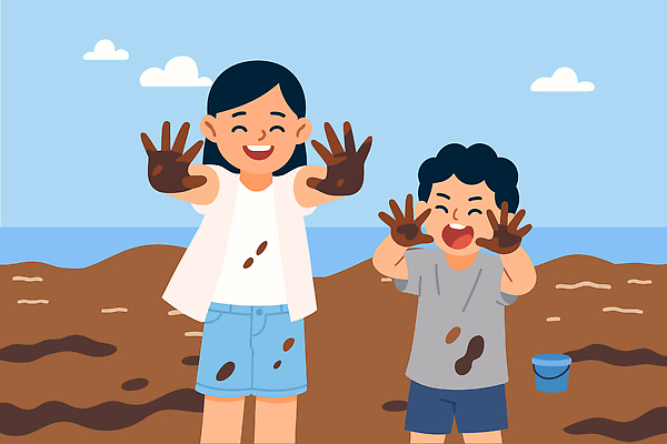 손 어린이 모래 바다 일러스트 가족 모션 자연 놀이 하늘 웃음 해변 야외 여름 친구 즐거움 진흙 국내일러스트 AI파일 계절 감정 관계 표정 사람 신체부위 생태계 파일형식 벡터