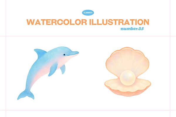 PSD 디자인 예술 바다 컬러 일러스트 자연 휴가 조개 수채화 생물 여름 수중 수중동물 표현 돌고래 진주 감성 국내일러스트 동물 계절 컨셉 포유류 어패류 보석 생태계 파일형식