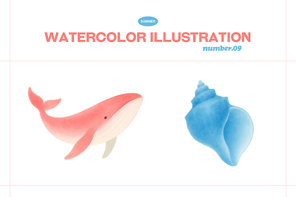 PSD 디자인 예술 바다 분홍색 컬러 일러스트 자연 조개 수채화 여름 파란색 수중동물 고래 해산물 그림 생동감 국내일러스트 동물 계절 포유류 어패류 생태계 파일형식