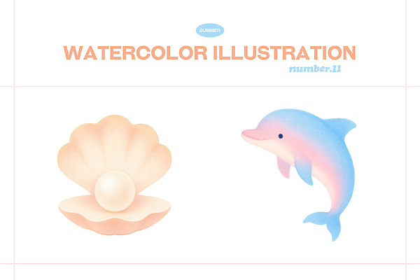 PSD 동물 디자인 예술 바다 일러스트 자연 조개 수채화 여름 귀여움 수중동물 그리기 돌고래 색감 창의력 디지털아트 아기자기 국내일러스트 계절 컨셉 포유류 모션 어패류 생태계 파일형식