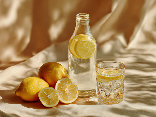 JPG 편집이미지 음료 과일 식탁 탁자 장식 물 여름 신선 투명 천 레몬 상큼 편집실사 AI포토 AI콘텐츠 자연요소 계절 가구 직물 CG 파일형식