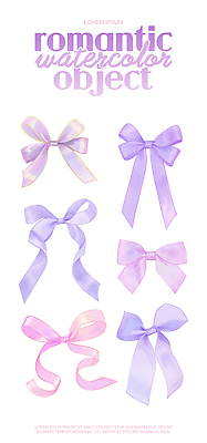 PSD 디자인 리본 예술 분홍색 컬러 일러스트 수채화 장식 보라색 로맨틱 분위기 배열 오브젝트 부드러움 화사함 뷰티풀 스타일 국내일러스트 컨셉 감각 파일형식