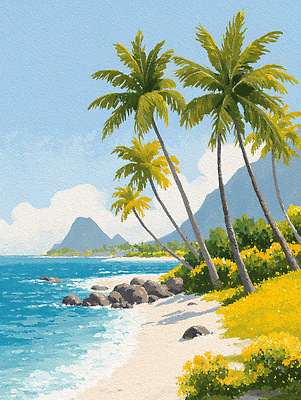 JPG 편집이미지 꽃 바다 섬 자연 하늘 열대 산 풍경 해변 여름 야자수 햇빛 평화 뷰티풀 편집실사 AI일러스트 AI콘텐츠 나무 식물 계절 컨셉 태양 CG 생태계 파일형식