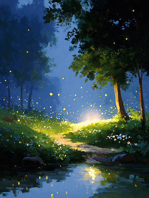 JPG 나무 야경 일러스트 자연 생명 생물 풍경 초록색 빛 평화 산책 도시 저녁 숲 신비 생태계 힐링 반딧불이 뷰티풀 여름밤 국내일러스트 AI일러스트 AI콘텐츠 식물 컬러 곤충 컨셉 휴식 여름 야간 파일형식 풍경_경치