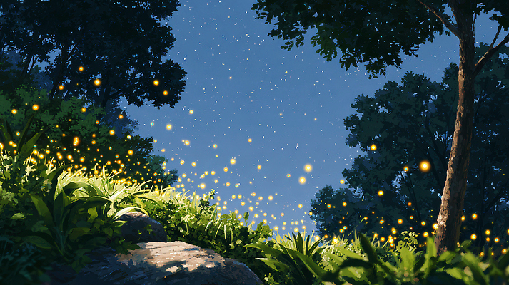 JPG 식물 일러스트 자연 하늘 생명 풍경 여름 빛 평화 탐험 숲 신비 생태계 조용 별빛 반딧불이 뷰티풀 몽환 국내일러스트 AI일러스트 AI콘텐츠 계절 별 곤충 컨셉 파일형식