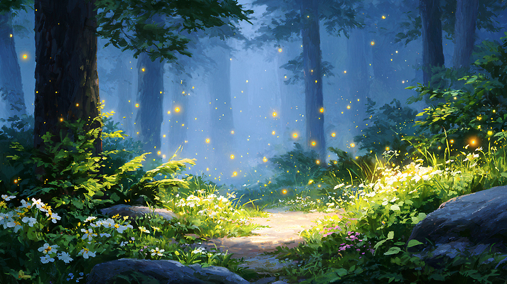 JPG 나무 꽃 길 일러스트 자연 생명 조명 풍경 초록색 평화 어둠 숲속 숲 신비 숲길 반딧불이 뷰티풀 환상 국내일러스트 AI일러스트 AI콘텐츠 식물 컬러 곤충 컨셉 생태계 파일형식