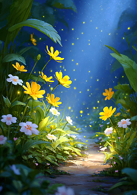 JPG 식물 꽃 길 일러스트 자연 동화 풍경 여름 빛 반짝임 평화 저녁 숲 향기 뷰티풀 싱그러움 오후 국내일러스트 AI일러스트 AI콘텐츠 계절 컨셉 모션 야간 생태계 냄새 파일형식