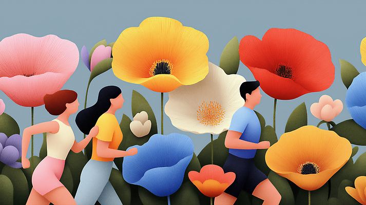 JPG 꽃 행복 여유 컬러 꽃밭 일러스트 자연 건강 사람 풍경 야외 여름 운동복 조깅 운동 햇빛 소풍 소통 뷰티풀 국내일러스트 AI일러스트 AI콘텐츠 식물 옷 계절 감정 컨셉 태양 야외활동 생태계 파일형식