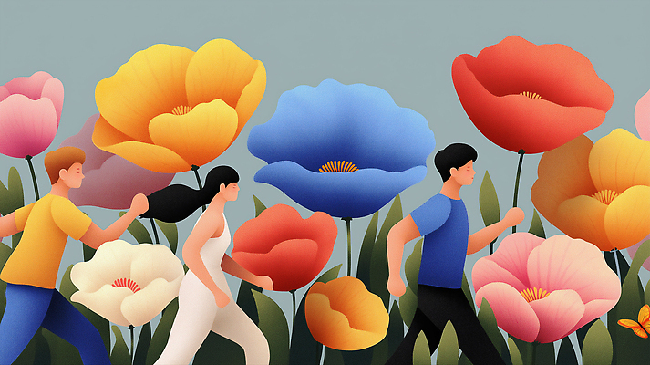 JPG 식물 행복 예술 컬러 꽃밭 일러스트 모션 자연 미소 풍경 여러명 야외 여름 달리기 운동 소풍 즐거움 그림 뷰티풀 국내일러스트 AI일러스트 AI콘텐츠 계절 꽃 감정 다수 표정 건강 사람 야외활동 생태계 파일형식