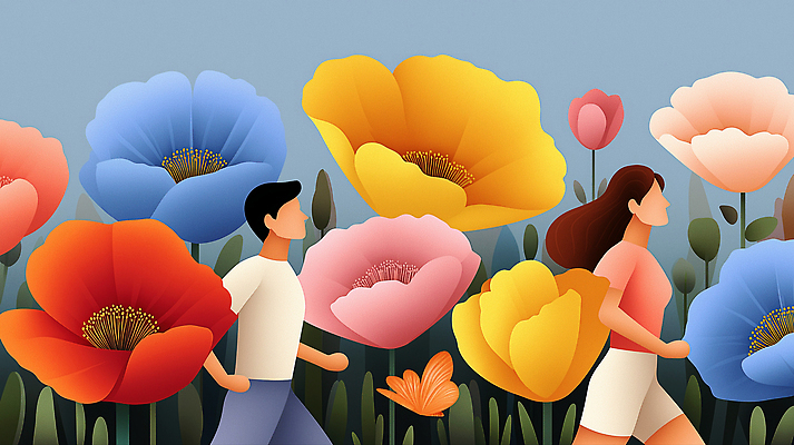 JPG 여자 남자 꽃 행복 컬러 일러스트 자연 사랑 풍경 일상 걷기 봄 산책 활발 조화 동행 만개 뷰티풀 스타일 국내일러스트 AI일러스트 AI콘텐츠 식물 계절 감정 컨셉 모션 휴식 사람 라이프 생태계 파일형식